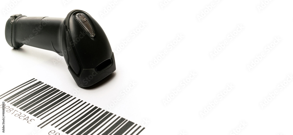 Barcode scanning. Reader laser scanner for warehouse. Retail label ...