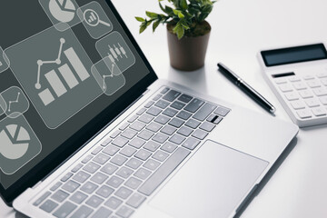 Fototapete - Business graph is display on a laptop computer monitor. At a meeting, a businessman used to explain.