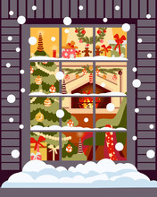 View Through A Window On The Interior Of A Christmas Living Room With The Christmas Tree,  Fireplace And Gifts.  It's Snowing Outside. Happy New Year Decoration. Vector Illustration Flat Cartoon Style