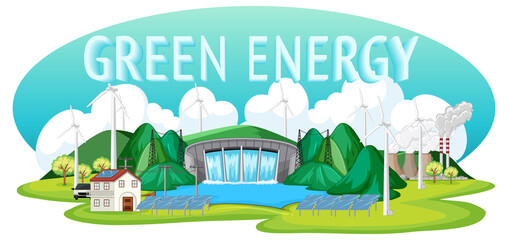 Wall Mural - Hydro Power Plants generate electricity with green banner