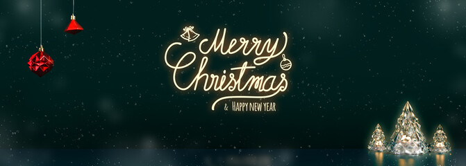 Wall Mural - Merry Christmas and happy new year text glowing on xmas tree lamp lights with red baubles hanging on dark blue green background with snow falling.winter holiday greeting card