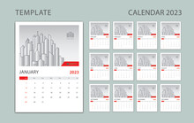 Calendar 2023 Template Vector, Wall Calendar 2023 Design, Desk Calendar 2023,  Calendar Minimal Template, Week Starts On Sunday, Set Of 12 Months, Planner, Advertisement, Printing Graphic
