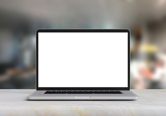 Wall Mural - Laptop with blank screen on marble table in blurry office background, 3d illustration.