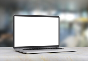 Wall Mural - Laptop with blank screen on marble table in blurry office background, 3d illustration.