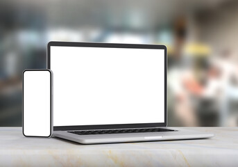 Wall Mural - Laptop and smartphone on marble table in blurry office background, 3d illustration.