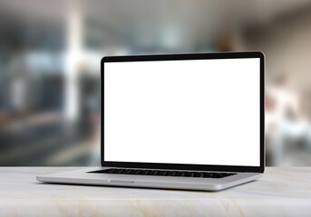 Wall Mural - Laptop with blank screen on marble table in blurry office background, 3d illustration.