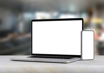 Wall Mural - Laptop and smartphone on marble table in blurry office background, 3d illustration.