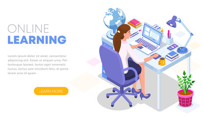 Wall Mural - Modern flat design isometric concept of Online Learning. Landing page template illustration. Student character sitting at desk and taking online courses. Can use for web banner, infographics