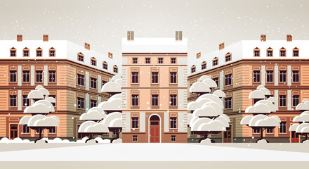 Sticker - winter city street with modern houses exterior urban buildings facade horizontal cityscape background