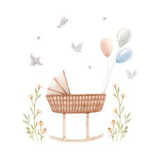 Beautiful Composition With Hand Drawn Watercolor Baby Cradle Crib Air Baloons And Flowers. Stock Clip Art Illustration For Boy.