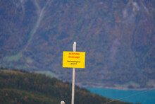 Aerial View From Axalp At Bernese Highlands To Lake Brienz With Yellow Warning Sign With Text Goat Pathway Closed On A Cloudy Autumn Day. Photo Taken October 19th, 2021, Brienz, Switzerland.