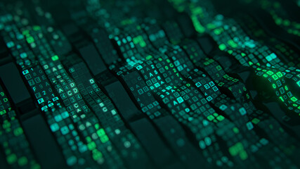 Green HEX digital data code on flexible screen 3D render illustration