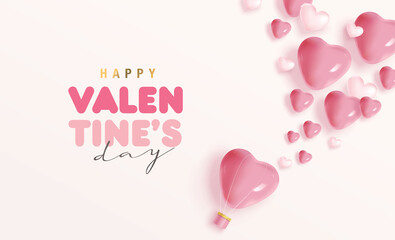 Poster - Valentine's day concept background with heart shape balloons and hot air balloon. Happy Valentines day vector sale banner, flyer, invitation, poster, background design
