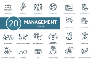 Management icon set. Collection of simple elements such as the interaction, specialist, organization, new project, multitasking, risk management, connection.