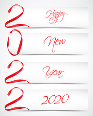 Wall Mural - Vector illustration of New Year 2022 made of red ribbons with paper cards