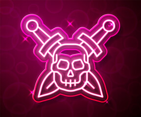 Glowing neon line Crossed medieval sword with skull icon isolated on red background. Medieval weapon. Vector