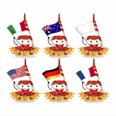 Wall Mural - Red confetti trumpet cartoon character bring the flags of various countries