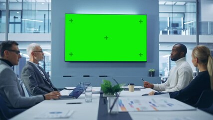 Aufkleber - Office Conference Room Meeting using Green Screen Chroma Key TV: Multi-Ethnic Group of Top Managers, Executives Talk. Businesspeople Work on an e-Commerce Strategy. Medium Wide Static