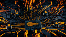 Security Technology Concept With Key Symbol On A Microchip. Orange Neon Data Flows Between Users And The CPU Across A Futuristic Motherboard. 3D Render.