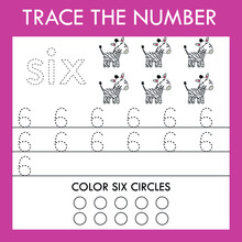 Number Six  Stroke Worksheet With Animals Zebra  For Fine Motor Skills Kids. Educational Game For Preschoolers.