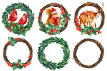 Set Winter Holidays Wreaths, Christmas Watercolor Illustration