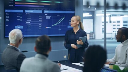 Poster - Diverse Modern Office: Successful Businesswoman Uses TV Screen with Big Data, Statistics, Talks about Company Growth, Discusses Strategy with Investors. Information Technology Expert Talks