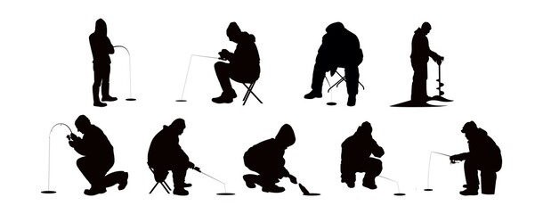 Vector set silhouette of the fisherman on winter fishing. Fishermen in the winter. Ice Fishing activity