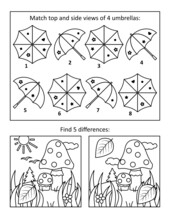 Autumn Or Fall Themed Puzzle Page With 2 Puzzles: Find Differences With Toadstool; Umbrella Top And Side Views. Black And White. Letter Sized.
