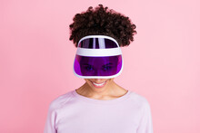 Portrait Of Young Funky Smiling Childish African Female Wear Visor Fooling Around Isolated On Pink Color Background