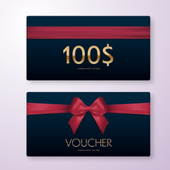 Poster - Gift voucher with red ribbon and bow. Discount luxury coupon. Vector illustration