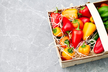 Wall Mural - Red and yellow sweet peppers in the basket on light gray concrete background. Ripe bio organic multicolored vegetables top view. Space for text.