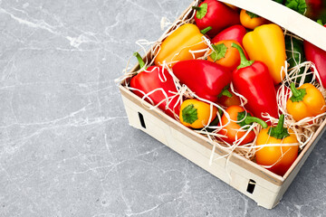 Wall Mural - Red and yellow sweet peppers in the basket on light gray concrete background. Ripe bio organic multicolored vegetables top view. Space for text.