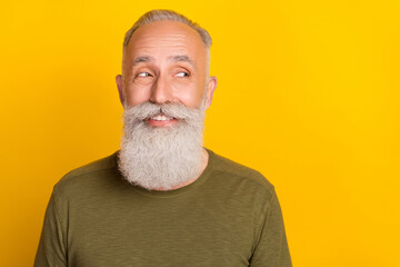 Sticker - Photo of funky elder white beard man look empty space wear green sweater isolated on yellow color background