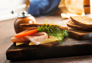 Sticker - Sandwich with tasty ham on wooden board