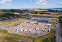 Aerial photo of the Covid-19 drive-through testing site in Leeds West Yorkshire showing the car park testing facilities and covid tents