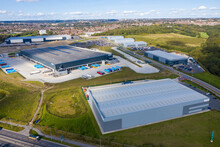 Aerial Photo Of The The Amazon Distribution Centre In The Town Of Leeds, West Yorkshire In The UK Showing The Centre And Roads Around The Main Building