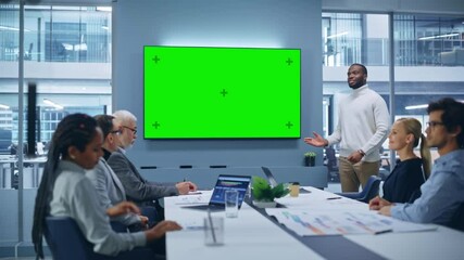 Aufkleber - Office Conference Room Meeting Presentation: Charismatic Black Businessman Talks, Uses Green Screen Chroma Key Wall TV. Successfully Presenting a e-Commerce Product to Group of Multi-Ethnic Investors