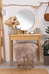 Wall Mural - Modern wooden dressing table with mirror near white wall in room