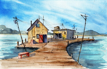 Watercolor picture of a river pier with two fishing sheds and with a line of trees on the horizon