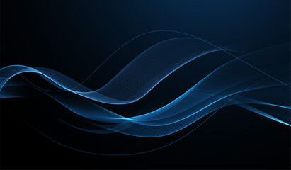 Abstract Waves. Shiny blue moving lines design element on dark background for greeting card and disqount voucher.