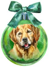 Watercolor Green Christmas Ball With Bow And Dog Isolated On A White Background.
