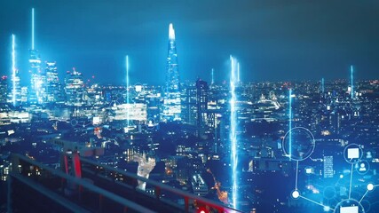 Wall Mural - aerial reveal of digital city with data rays and communication icons in london, uk - 3d render