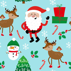 Poster - Cute christmas pattern with Santa, snowman and deer - Adorable Xmas characters. Hand drawn doodle set for kids. Good for textile, nursery, wallpaper, clothes. Christmas gift wrapping paper