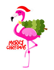 Poster - Merry Christmas - Calligraphy phrase for Christmas with cute flamingo girl. Hand drawn lettering for Xmas greetings cards, invitations. Good for t-shirt, mug, scrap booking, gift.