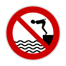 No Diving Sign. Vector Illustration Of Red Crossed Out Circular Prohibited Sign With Human Jumping Into Water. Jumping Into Water Is Prohibited. Swimming Pool Concept. Shallow Bottom Icon.