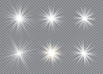 Wall Mural - Set of bright stars. Sunlight translucent special design light effect. Vector illustration.