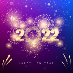 Wall Mural - happy new year 2022. new years banner with golden numbers firework and color background