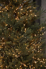 Blurred Christmas, New Year composition. Festive Christmas fir tree decorated with glowing garland lights. Winter holidays concept.