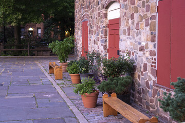 Sticker - Vintage red brick wall with windows and red shutters