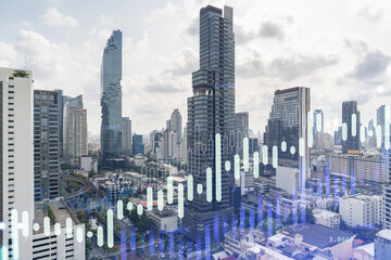 Wall Mural - Forex and stock market chart hologram over panorama city view of Bangkok, the financial center in Southeast Asia. The concept of international trading. Double exposure.